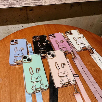 Anymob iPhone Case Shockproof Dark Pink Rabbit Bracket Crossbody Lanyard Case Plating Stand Silicon Phone Cover-Mobile Phone Cases-PEROZ Accessories