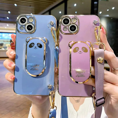 Anymob iPhone Case Shockproof Green Plating Panda Crossbody Necklace Stand Lanyard Case Strap Cover-Mobile Phone Cases-PEROZ Accessories