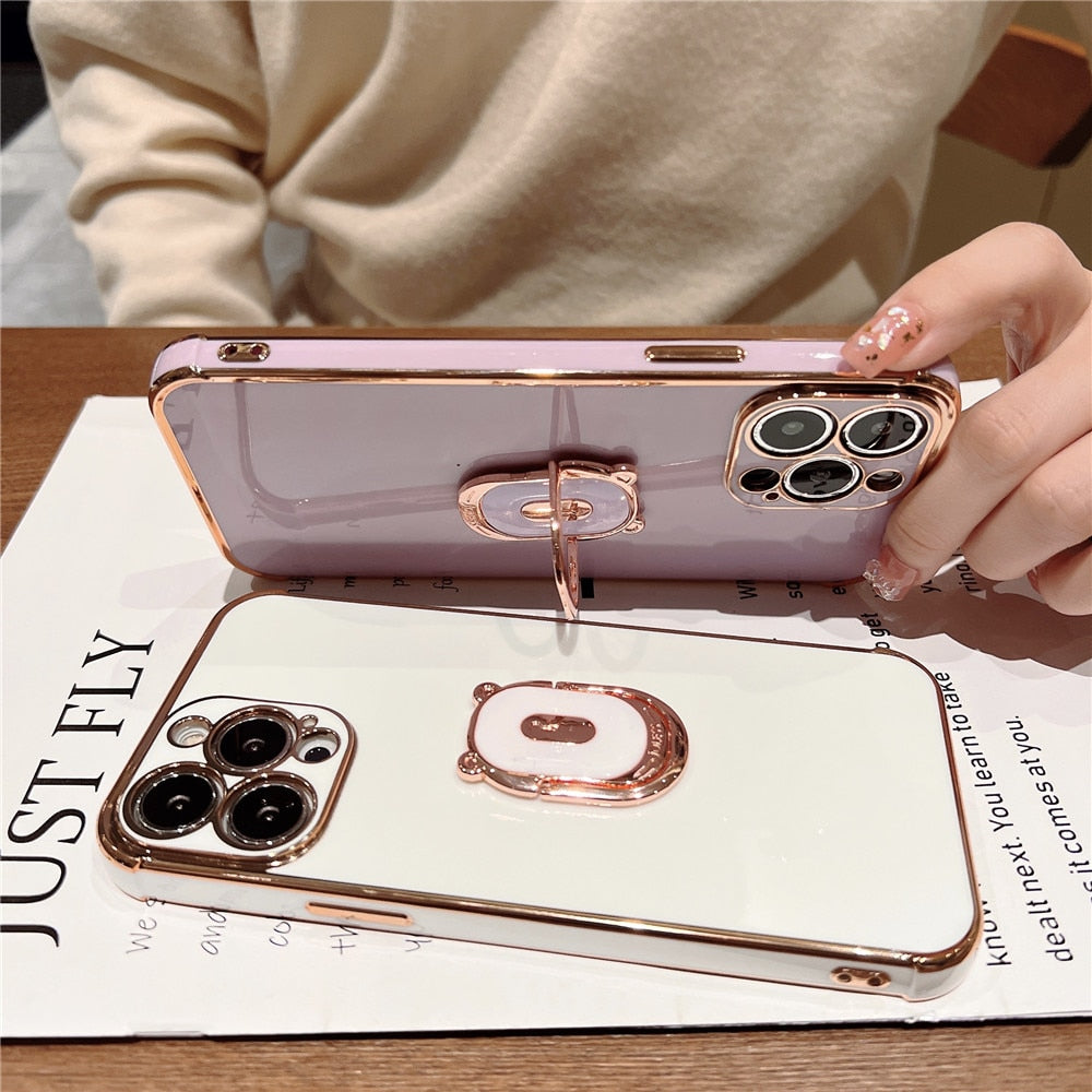 Anymob iPhone Case Purple Cute Bear Ring Holder Plating Silicon Stand Finger Bracket Back Cover-Mobile Phone Cases-PEROZ Accessories