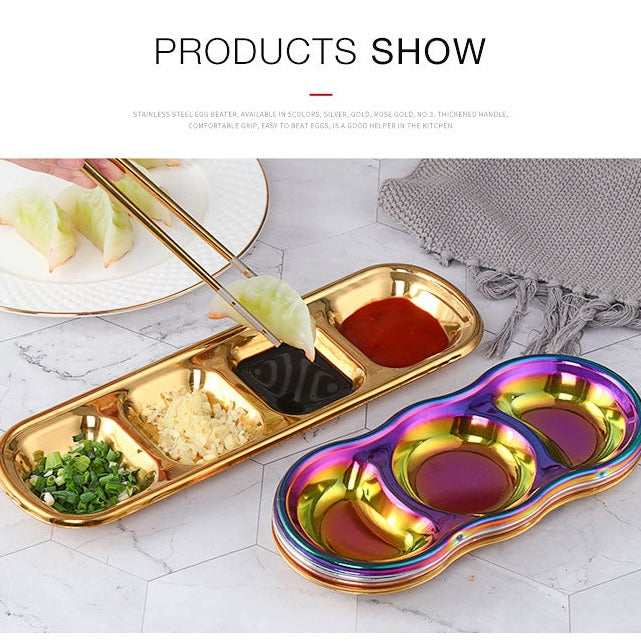 Anygleam Gold Stainless Steel 3 Grid Seasoning Sauce Dish Plates Dipping Kitchenware-Kitchen &amp; Dining-PEROZ Accessories
