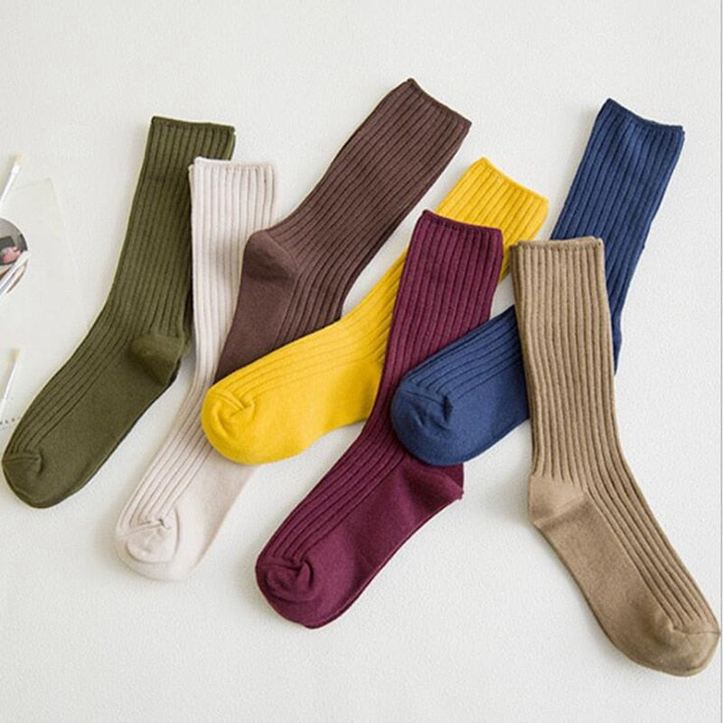Anysox 5 Pairs One Size 36-43 Black Retro Long Knitted Socks Cotton Autumn Winter Solid Color Women Student Girls-Socks-PEROZ Accessories