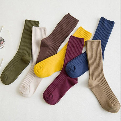 Anysox 5 Pairs One Size 36-43 Black Retro Long Knitted Socks Cotton Autumn Winter Solid Color Women Student Girls-Socks-PEROZ Accessories