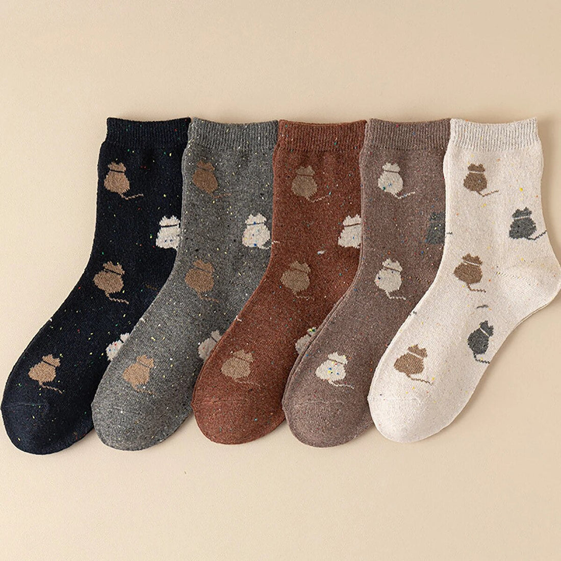 Anysox 5 Pairs Size 35-40 Mixed Color Cat Cartoon Fashion Socks High Quality Woollen Stockings Foot Wear-Socks-PEROZ Accessories