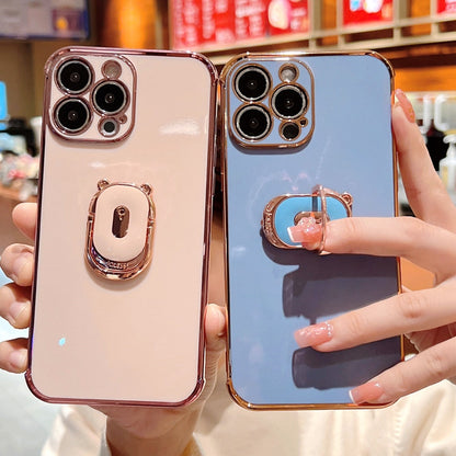 Anymob iPhone Case Purple Cute Bear Ring Holder Plating Silicon Stand Finger Bracket Back Cover-Mobile Phone Cases-PEROZ Accessories