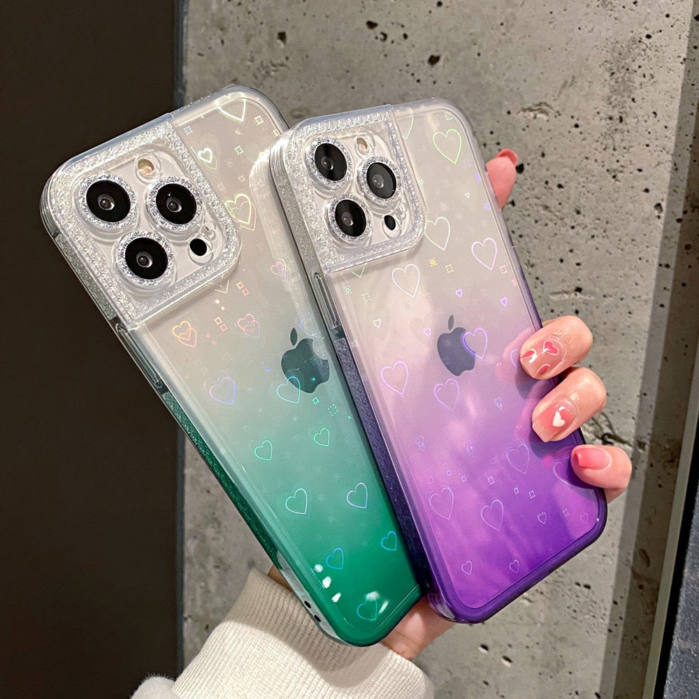 Anymob iPhone Case Blue Gradient Reflective Holographic Love Heart Diamond Camera Soft Cover-Mobile Phone Cases-PEROZ Accessories