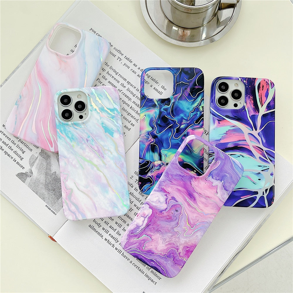 Anymob iPhone Case Pink Laser Gradient Marble Shockproof Bumper Cover Soft Silicone-Mobile Phone Cases-PEROZ Accessories