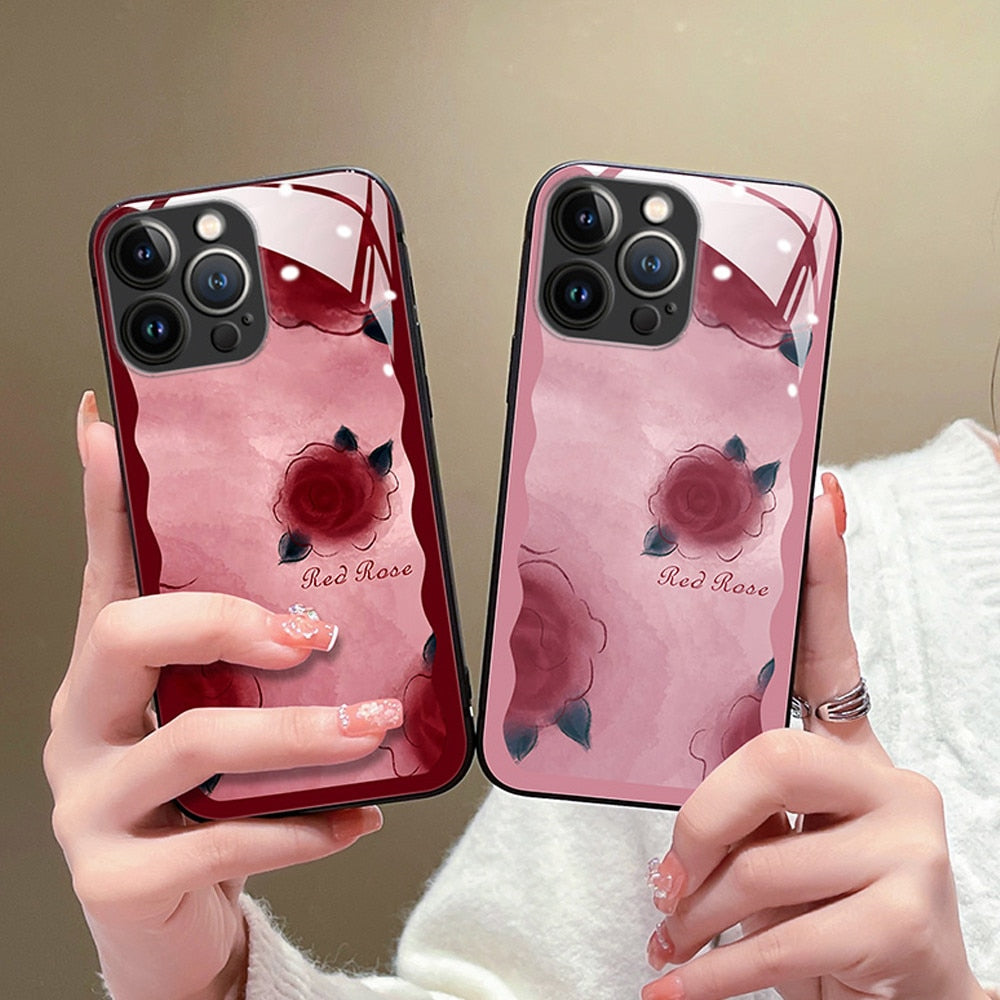 Anymob iPhone Case Light Red Vintage Rose Flowers Glass Shockproof Soft Bumper Cover-Mobile Phone Cases-PEROZ Accessories