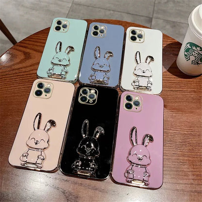 Anymob iPhone Case Shockproof Brown Luxury Plating Rabbit Holder Phone Case Soft Silicone Stand Cover-Mobile Phone Cases-PEROZ Accessories