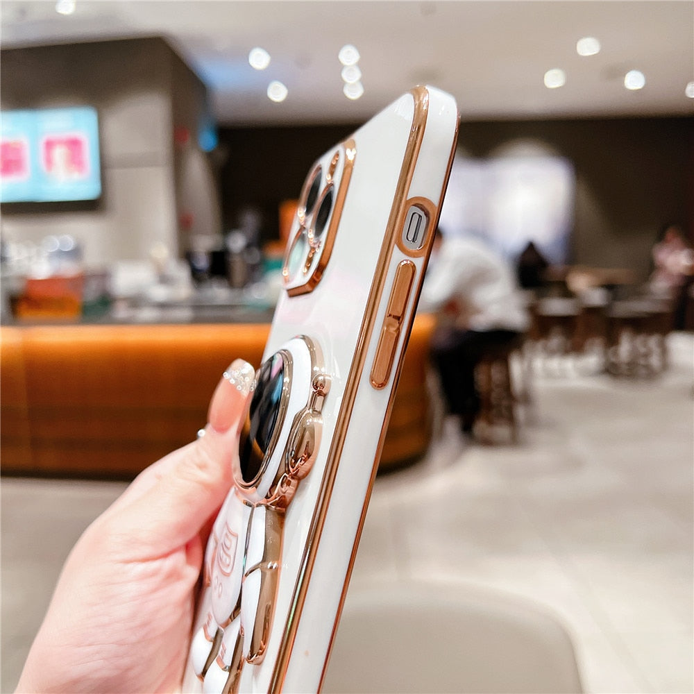 Anymob iPhone Case Sky Blue Plating Astronaut Stand Holder Lens Protection Heart Pattern Cover-Mobile Phone Cases-PEROZ Accessories
