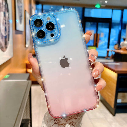 Anymob iPhone Case Pink Gradient Transparent Diamond Frame Lens Protection Shockproof Bumper Soft Cover-Mobile Phone Cases-PEROZ Accessories