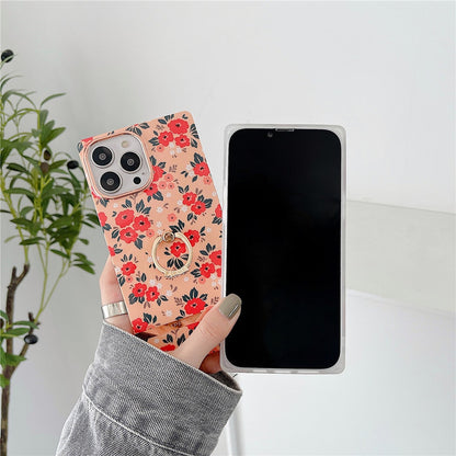 Anymob iPhone Case Pink Ring Holder Flowers Square Design Soft Silicon Stand Phone Cover-Mobile Phone Cases-PEROZ Accessories