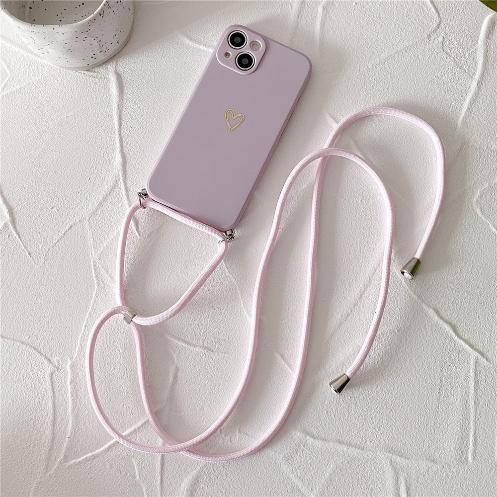 Anymob iPhone Case Black Candy Color Love Heart Crossbody Lanyard Soft Silicone Cover-Mobile Phone Cases-PEROZ Accessories