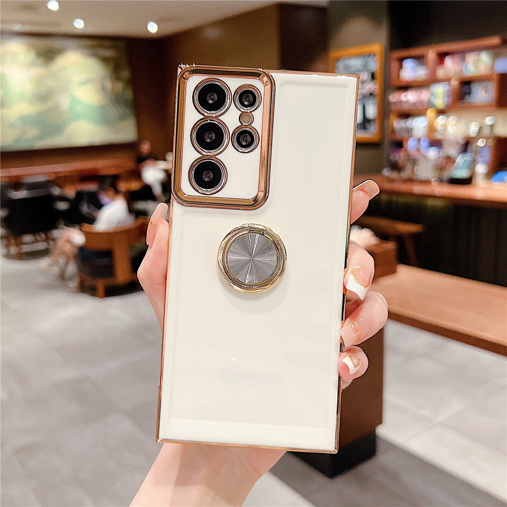 Anymob Samsung White Case Luxury Plating Ring Holder Phone Case For Smartphones Shockproof Cases Silicon Stand Cover Compatible-Mobile Phone Cases-PEROZ Accessories