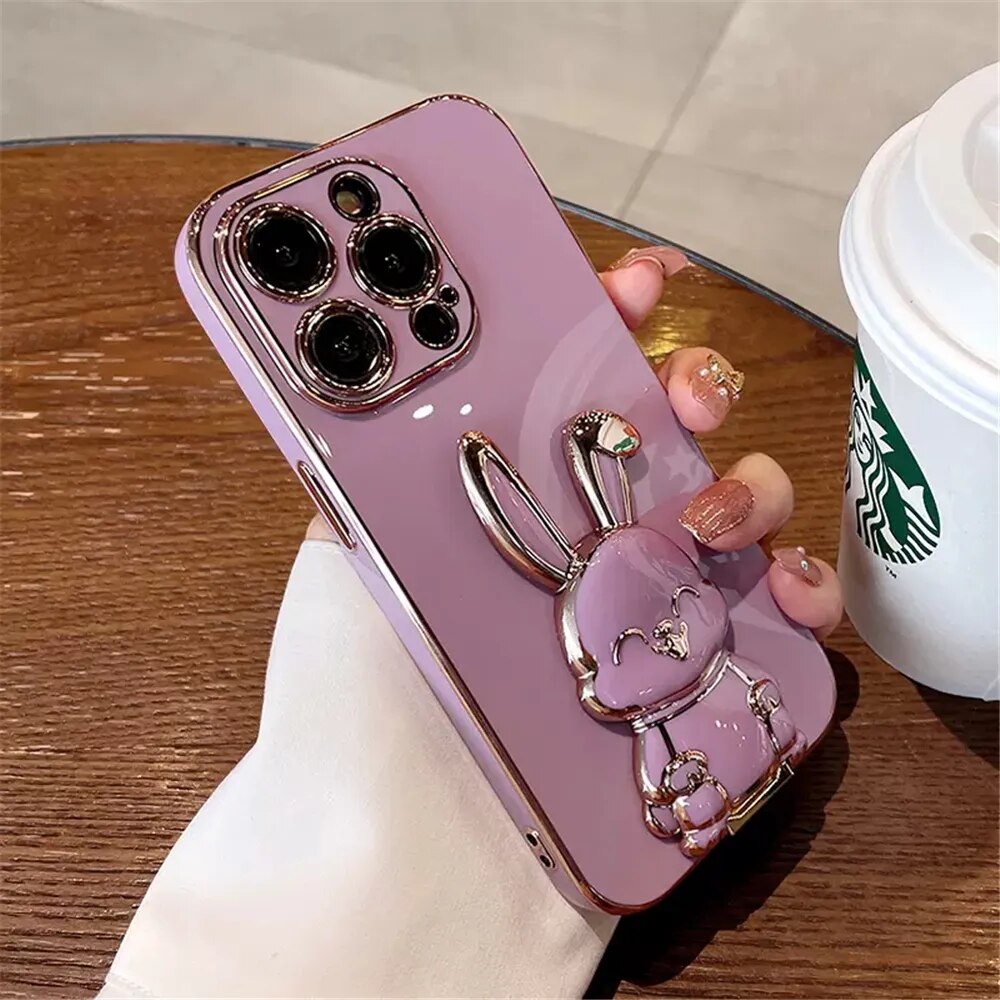 Anymob iPhone Case Shockproof Pink Luxury Plating Rabbit Holder Phone Case Soft Silicone Stand Cover-Mobile Phone Cases-PEROZ Accessories