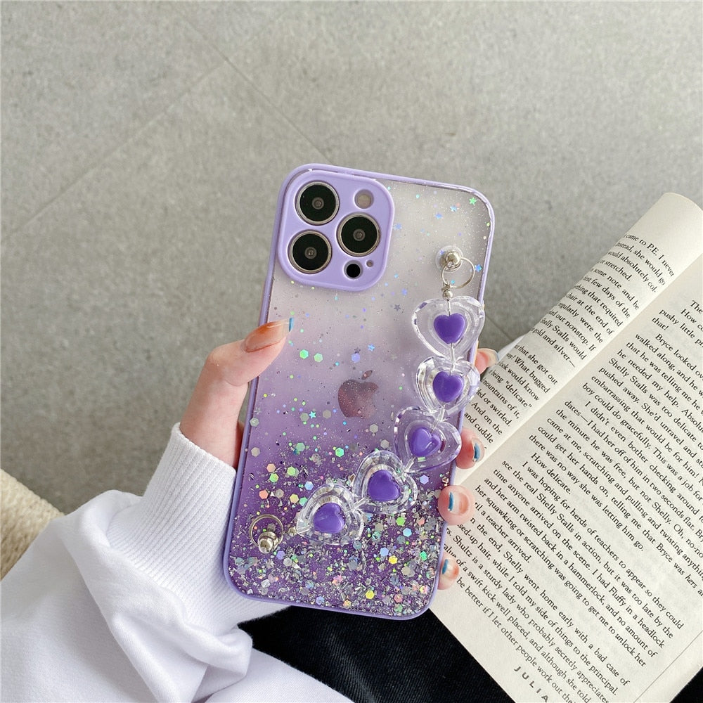 Anymob iPhone Violet Crystal Heart Bracelet Phone Chain Case Glitter Soft Cover-Mobile Phone Cases-PEROZ Accessories