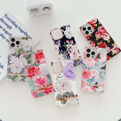 Anymob iPhone Case Pink Flowers Square Plating Banana Leaf Ring Stand Shockproof Soft Bumper Cover-Mobile Phone Cases-PEROZ Accessories