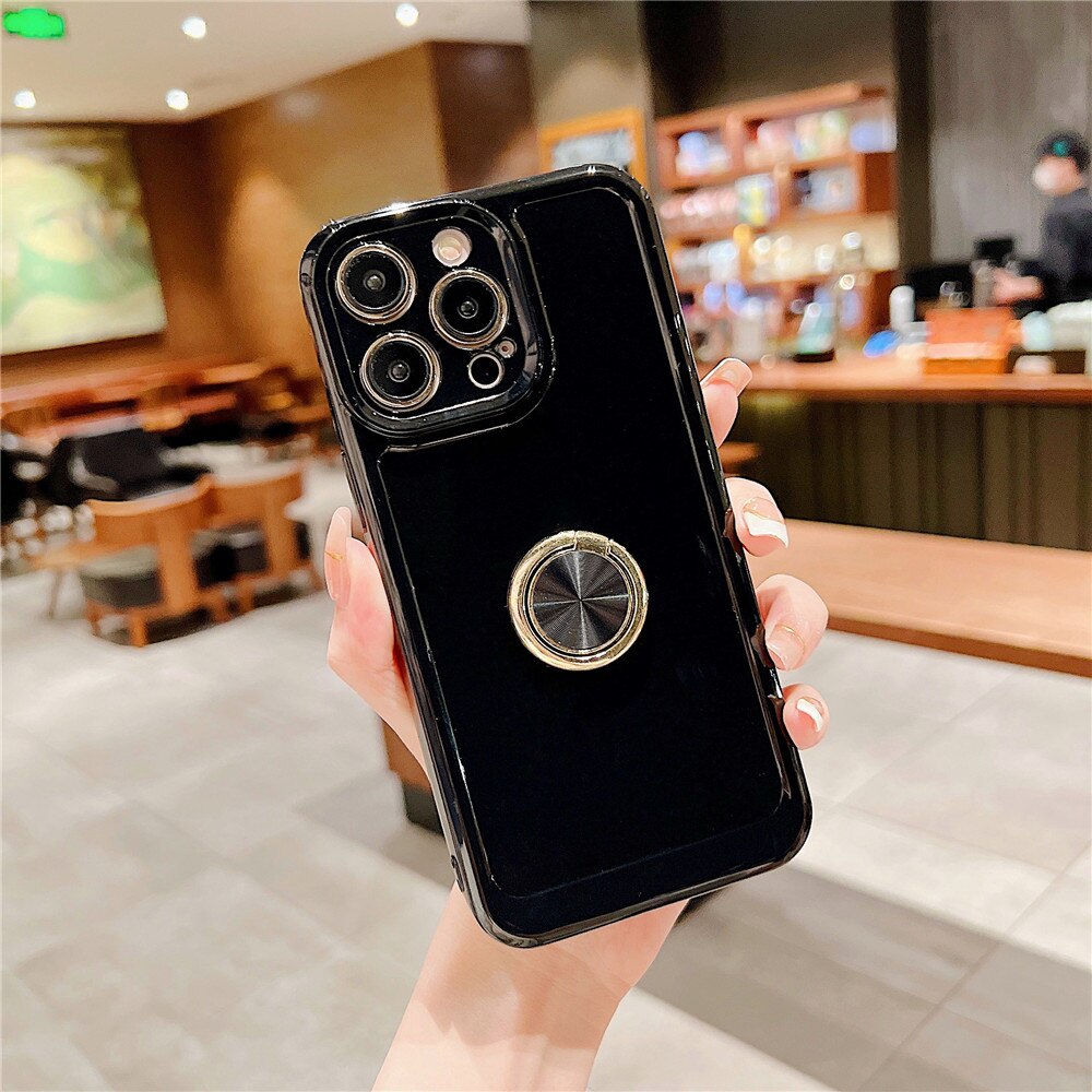 Anymob iPhone Black Soft Candy Color Square Phone Case For IOS Stand Ring Silicone Shockproof Bumper Back Cover Compatible-Mobile Phone Cases-PEROZ Accessories