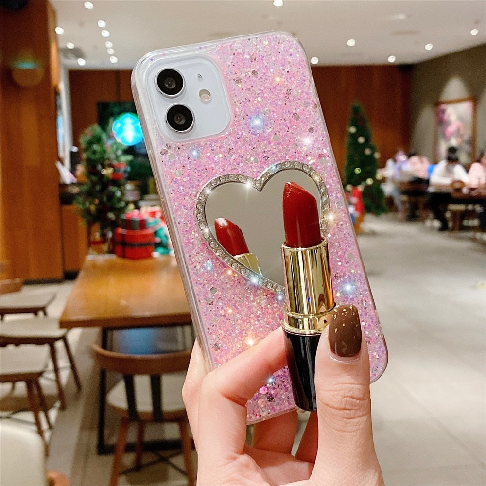 Anymob iPhone Blue Glitter Heart Mirror Silicone Case Cover-Mobile Phone Cases-PEROZ Accessories