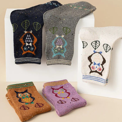 Anysox 5 Pairs Size 35-40 Mixed Color Owl Cartoon Fashion Socks High Quality Woollen Stockings Foot Wear-Socks-PEROZ Accessories