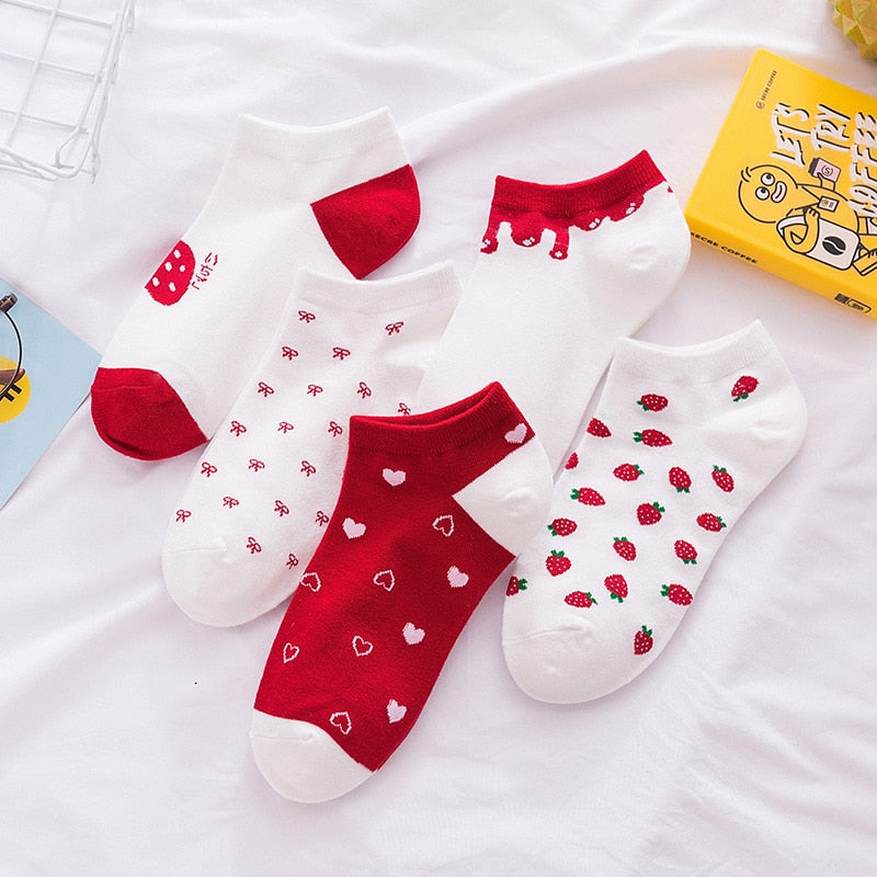 Anysox 5 Pairs One Size 5-9 Mix Strawberry Liner Cotton And Spandex Socks With Fruit Creative Design Brand Perfect for Women-Socks-PEROZ Accessories