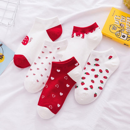 Anysox 5 Pairs One Size 5-9 Mix Strawberry Liner Cotton And Spandex Socks With Fruit Creative Design Brand Perfect for Women-Socks-PEROZ Accessories