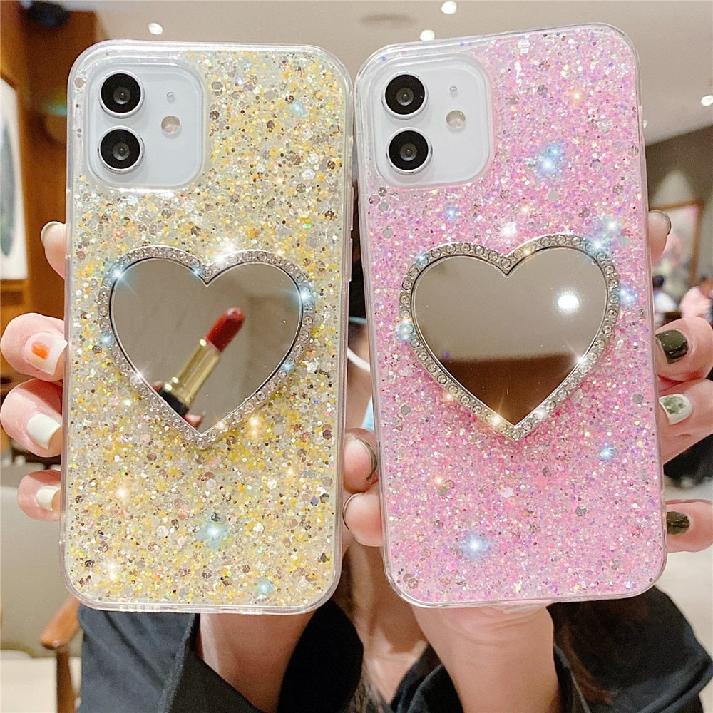 Anymob iPhone Blue Glitter Heart Mirror Silicone Case Cover-Mobile Phone Cases-PEROZ Accessories