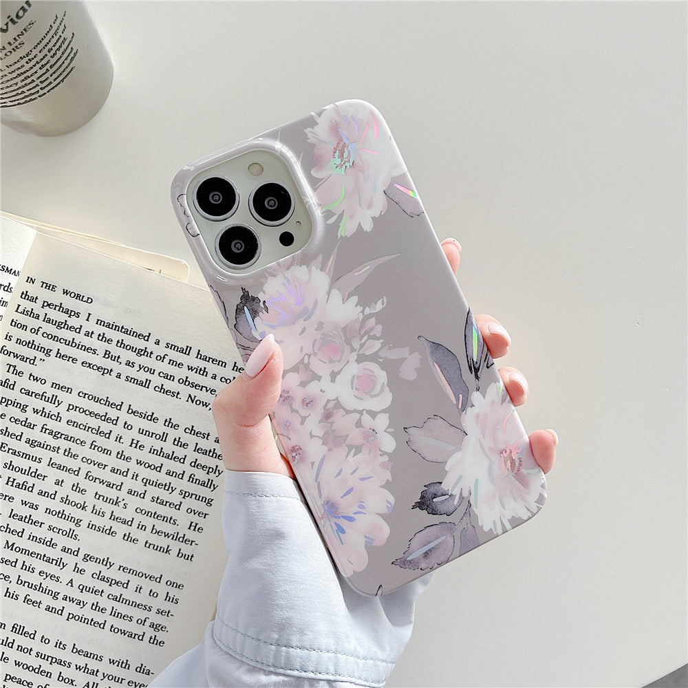 Anymob iPhone Lavender Laser Retro Flower Phone Case Soft Silicone Full Body Back Cover-Mobile Phone Cases-PEROZ Accessories