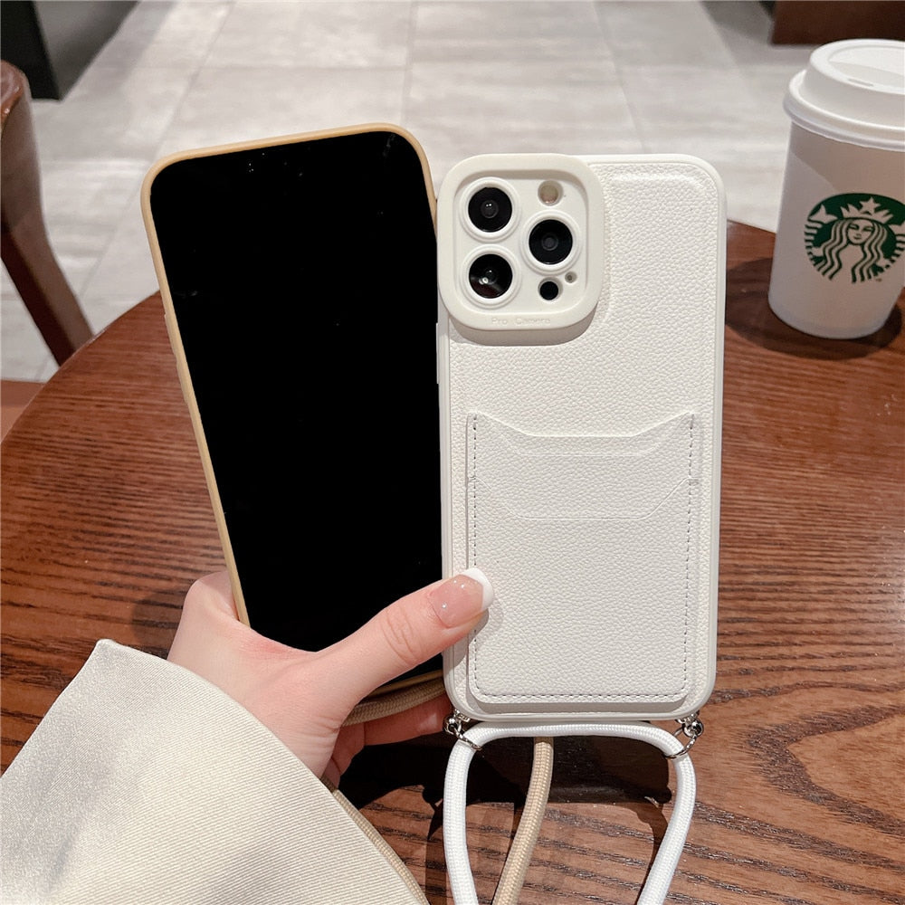 Anymob iPhone Case Brown Crossbody Necklace Strap Lanyard with Card Holder Silicone Cover-Mobile Phone Cases-PEROZ Accessories