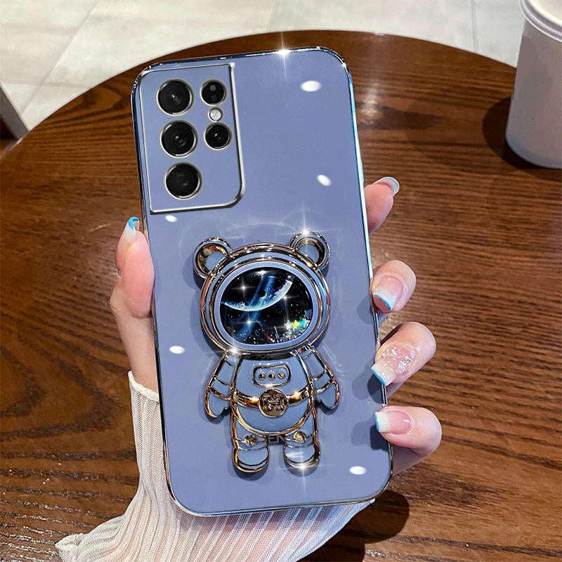 Anymob Samsung Case Neon Blue Shiny Glitter Quicksand Astronaut Phone Electroplate Stand Holder Cover-Mobile Phone Cases-PEROZ Accessories