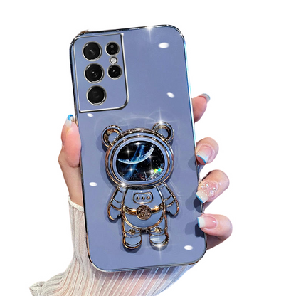Anymob Samsung Case Neon Blue Shiny Glitter Quicksand Astronaut Phone Electroplate Stand Holder Cover-Mobile Phone Cases-PEROZ Accessories