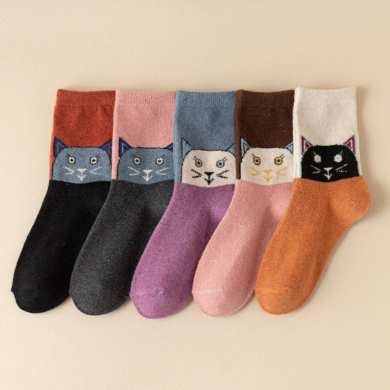 Anysox 5 Pairs Size 35-40 Mixed Color Cat Face Cartoon Fashion Socks High Quality Woollen Stockings Foot Wear-Socks-PEROZ Accessories