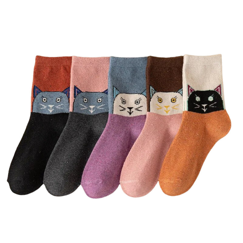 Anysox 5 Pairs Size 35-40 Mixed Color Cat Face Cartoon Fashion Socks High Quality Woollen Stockings Foot Wear-Socks-PEROZ Accessories