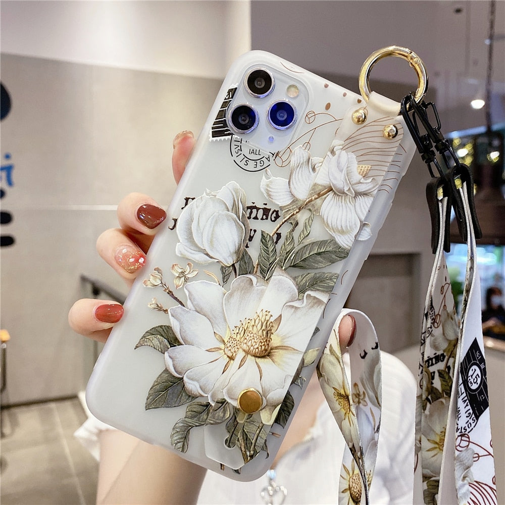 Anymob iPhone Case Blue and Pink 3D Flower Soft Silicone Phone Cover With Wrist Strap Lanyard-Mobile Phone Cases-PEROZ Accessories