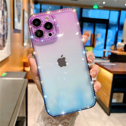 Anymob iPhone Case Pink Gradient Transparent Diamond Frame Lens Protection Shockproof Bumper Soft Cover-Mobile Phone Cases-PEROZ Accessories