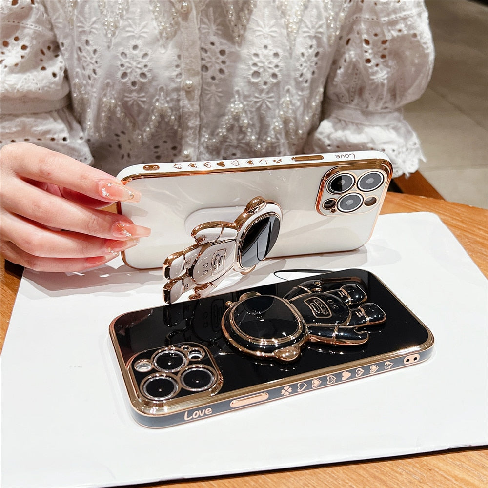 Anymob iPhone Case White Plating Astronaut Stand Holder Lens Protection Heart Pattern Cover-Mobile Phone Cases-PEROZ Accessories