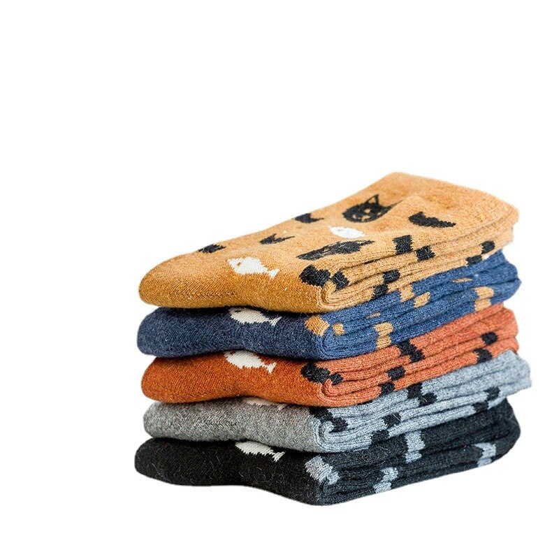 Anysox 5 Pairs Size 5-9 Mix Color Kittens Winter Thick And Warm Wool Socks Casual Euramerican National Wind-Flowers Fashion Cotton Socks-Socks-PEROZ Accessories