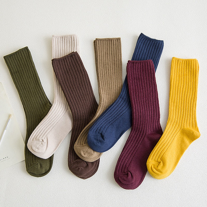 Anysox 5 Pairs One Size 36-43 Gray Retro Long Knitted Socks Cotton Autumn Winter Solid Color Women Student Girls-Socks-PEROZ Accessories