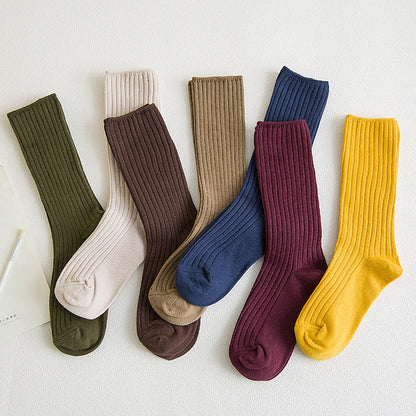 Anysox 5 Pairs One Size 36-43 Gray Retro Long Knitted Socks Cotton Autumn Winter Solid Color Women Student Girls-Socks-PEROZ Accessories