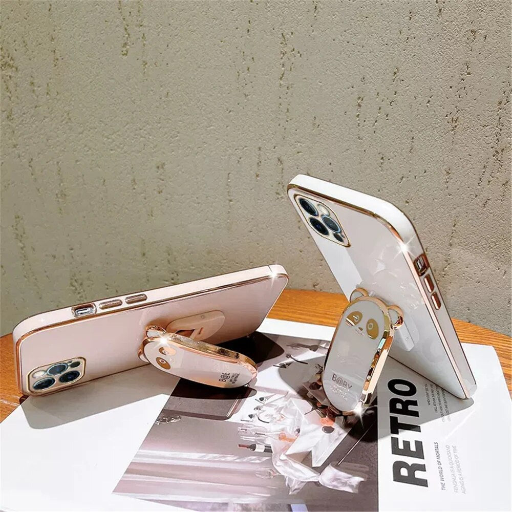 Anymob iPhone Case Shockproof Black Plating Lovely Panda Fold Stand Phone Case Soft Silicone Cover-Mobile Phone Cases-PEROZ Accessories