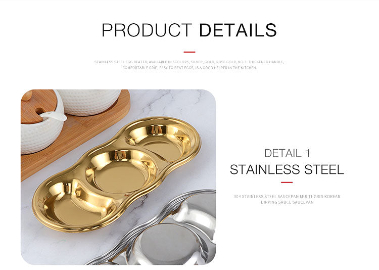 Anygleam Rose Gold Stainless Steel 3 Grid Seasoning Sauce Dish Plates Dipping Kitchenware-Kitchen &amp; Dining-PEROZ Accessories