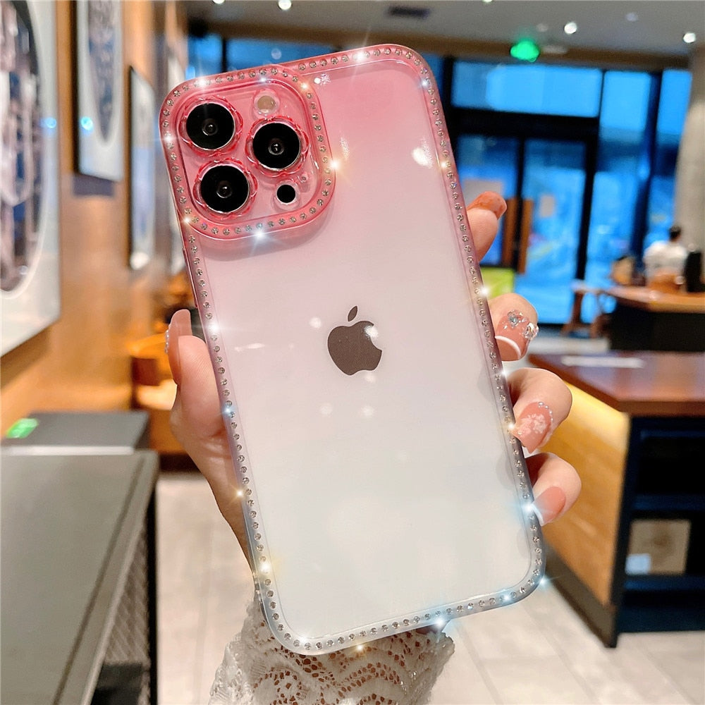 Anymob iPhone Case Pink Gradient Transparent Diamond Frame Lens Protection Shockproof Bumper Soft Cover-Mobile Phone Cases-PEROZ Accessories