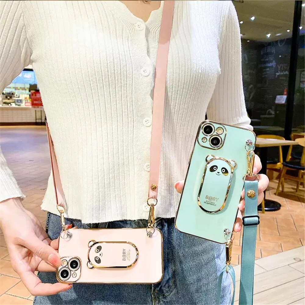 Anymob iPhone Case Shockproof Blue Plating Panda Crossbody Necklace Stand Lanyard Case Strap Cover-Mobile Phone Cases-PEROZ Accessories