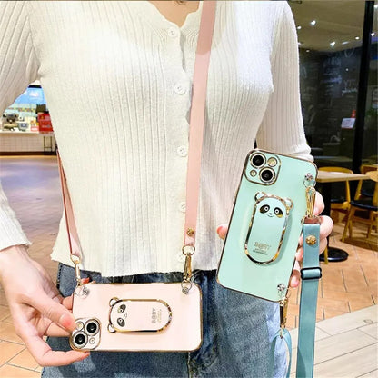 Anymob iPhone Case Shockproof Blue Plating Panda Crossbody Necklace Stand Lanyard Case Strap Cover-Mobile Phone Cases-PEROZ Accessories