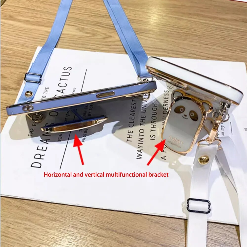 Anymob iPhone Case Shockproof Blue Plating Panda Crossbody Necklace Stand Lanyard Case Strap Cover-Mobile Phone Cases-PEROZ Accessories