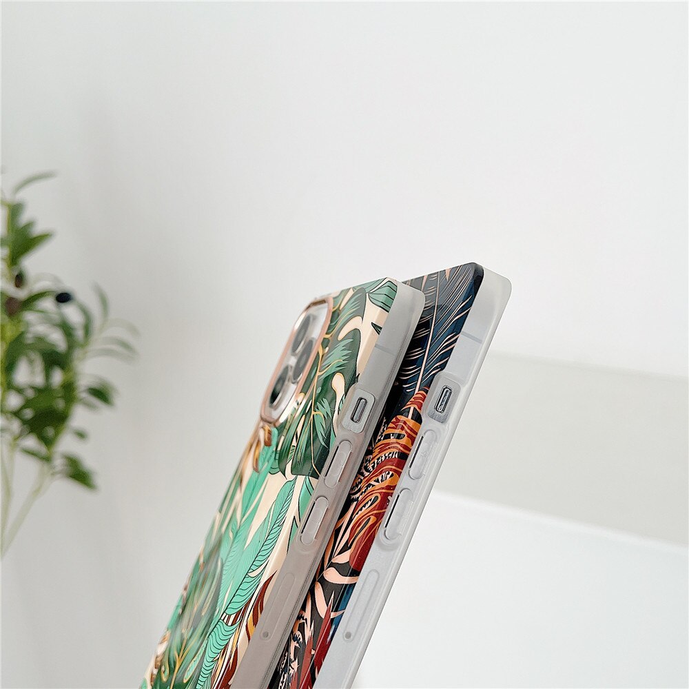 Anymob iPhone Case Blue and White Flower Square Plating Banana Leaf Ring Stand Shockproof Soft Bumper Cover-Mobile Phone Cases-PEROZ Accessories