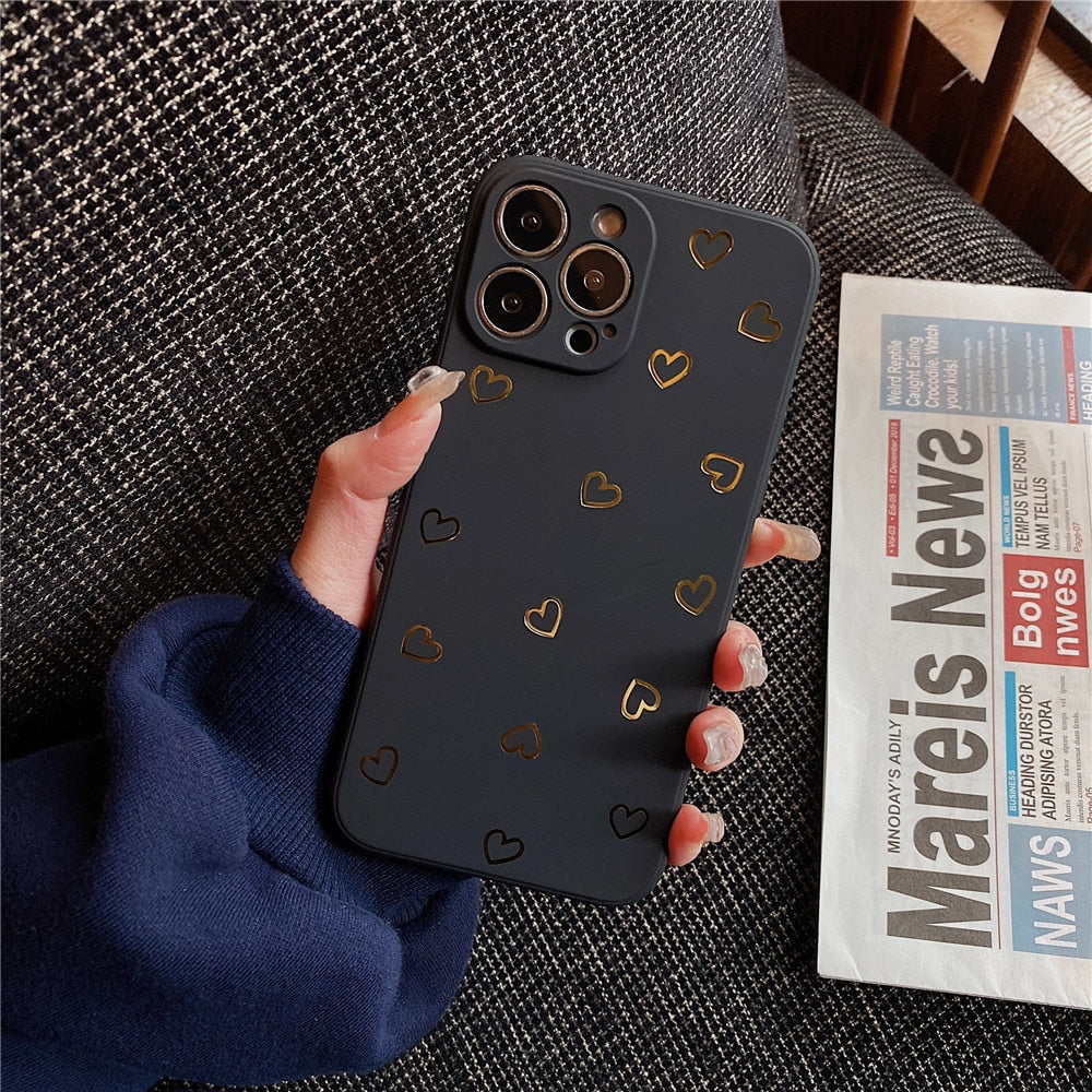 Anymob iPhone Case Black Cute Plated Gold Love Heart Silicone Soft Silicone Back Cover-Mobile Phone Cases-PEROZ Accessories