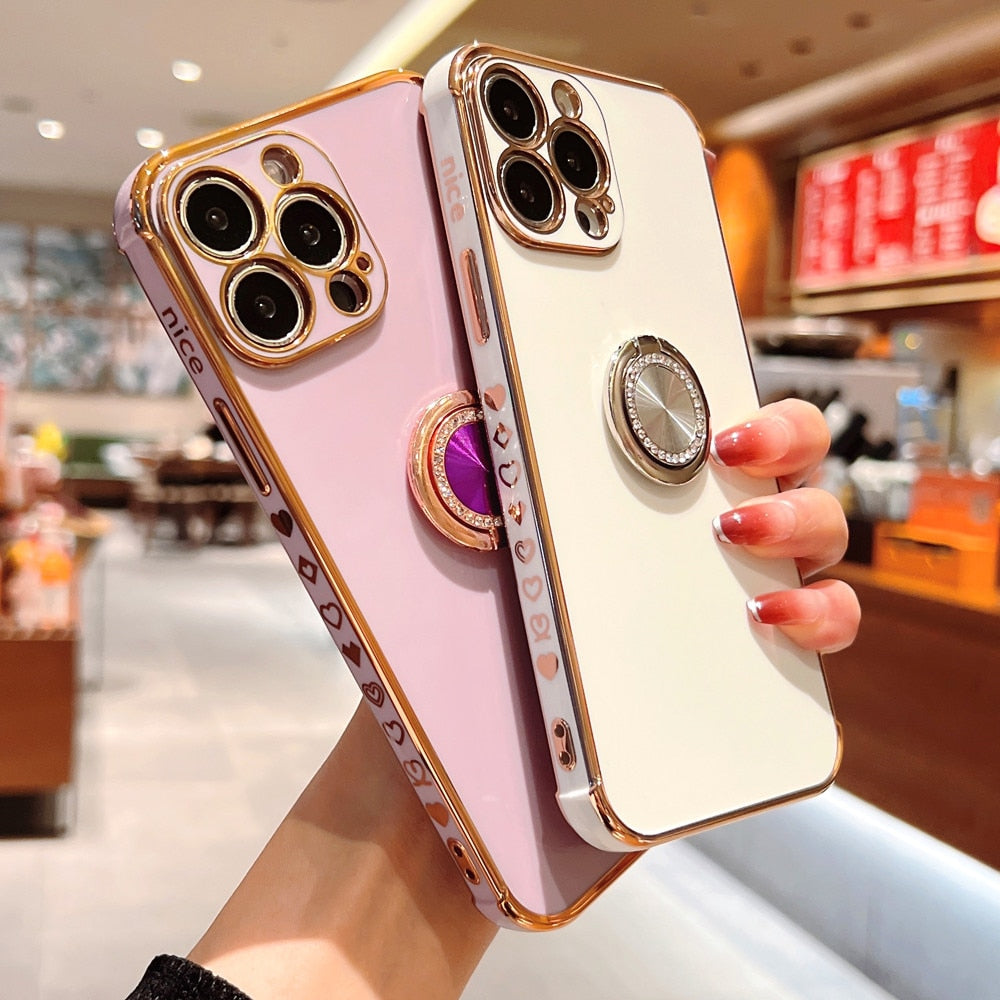Anymob iPhone Case White Soft Electroplated Stand Ring Bumper Silicon Back Cover-Mobile Phone Cases-PEROZ Accessories