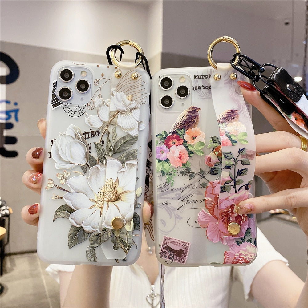 Anymob iPhone Case Blue and Pink 3D Flower Soft Silicone Phone Cover With Wrist Strap Lanyard-Mobile Phone Cases-PEROZ Accessories