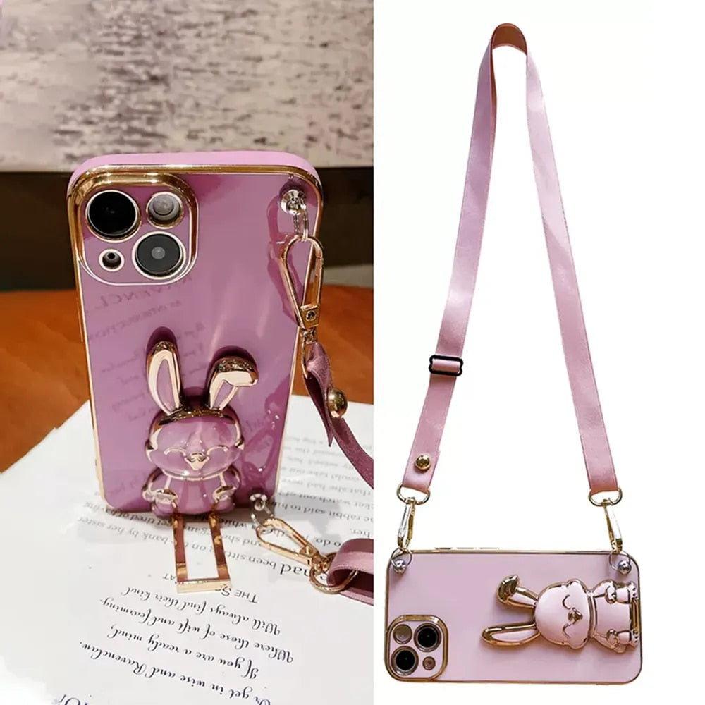 Anymob iPhone Case Shockproof Dark Pink Rabbit Bracket Crossbody Lanyard Case Plating Stand Silicon Phone Cover-Mobile Phone Cases-PEROZ Accessories