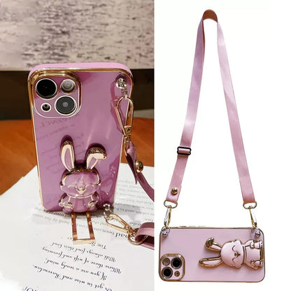 Anymob iPhone Case Shockproof Dark Pink Rabbit Bracket Crossbody Lanyard Case Plating Stand Silicon Phone Cover-Mobile Phone Cases-PEROZ Accessories